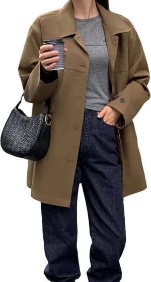 Women's Mid-Long Trench Coat Classic Lapel Collar Single-Breasted Slim Casual Windproof Overcoat