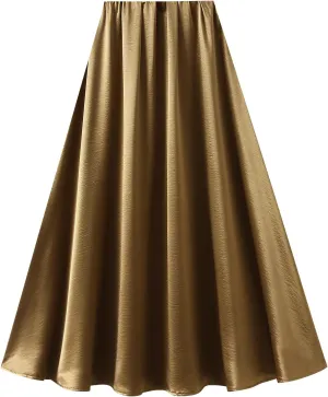 Women's Satin Flare Maxi Skirt Elastic High Waist Silk Long Skirts Luxury A-Line Flowy Midi Skirts