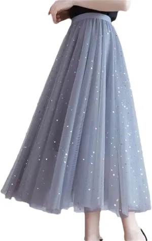 Women's Skirts Loose A-Line High Waist Sequins Mesh Party Casual Midi Skirt