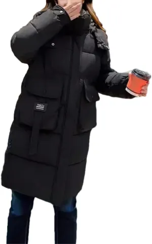 Women's Splicing Zipper Button Long Parka Coat Classic Hooded Pockets Cotton-Padded Jacket