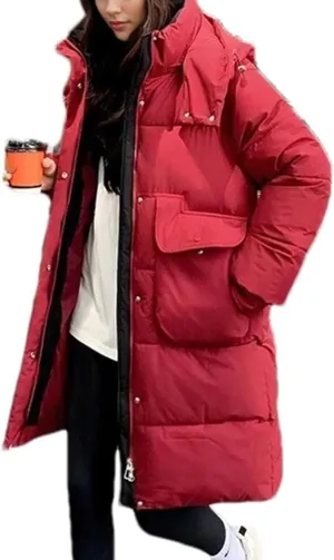 Women's Splicing Zipper Button Long Parka Coat Classic Hooded Pockets Cotton-Padded Jacket
