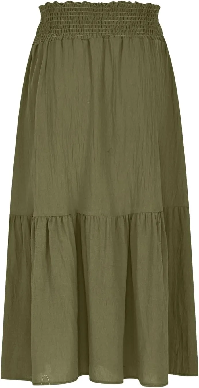 Womens Summer Boho Flowy Swing Tiered A-Line Maxi Skirt 2025 Fashion Trendy Elastic Waist Pleated Long Beach Dress