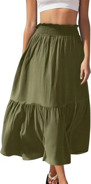 Womens Summer Boho Flowy Swing Tiered A-Line Maxi Skirt 2025 Fashion Trendy Elastic Waist Pleated Long Beach Dress