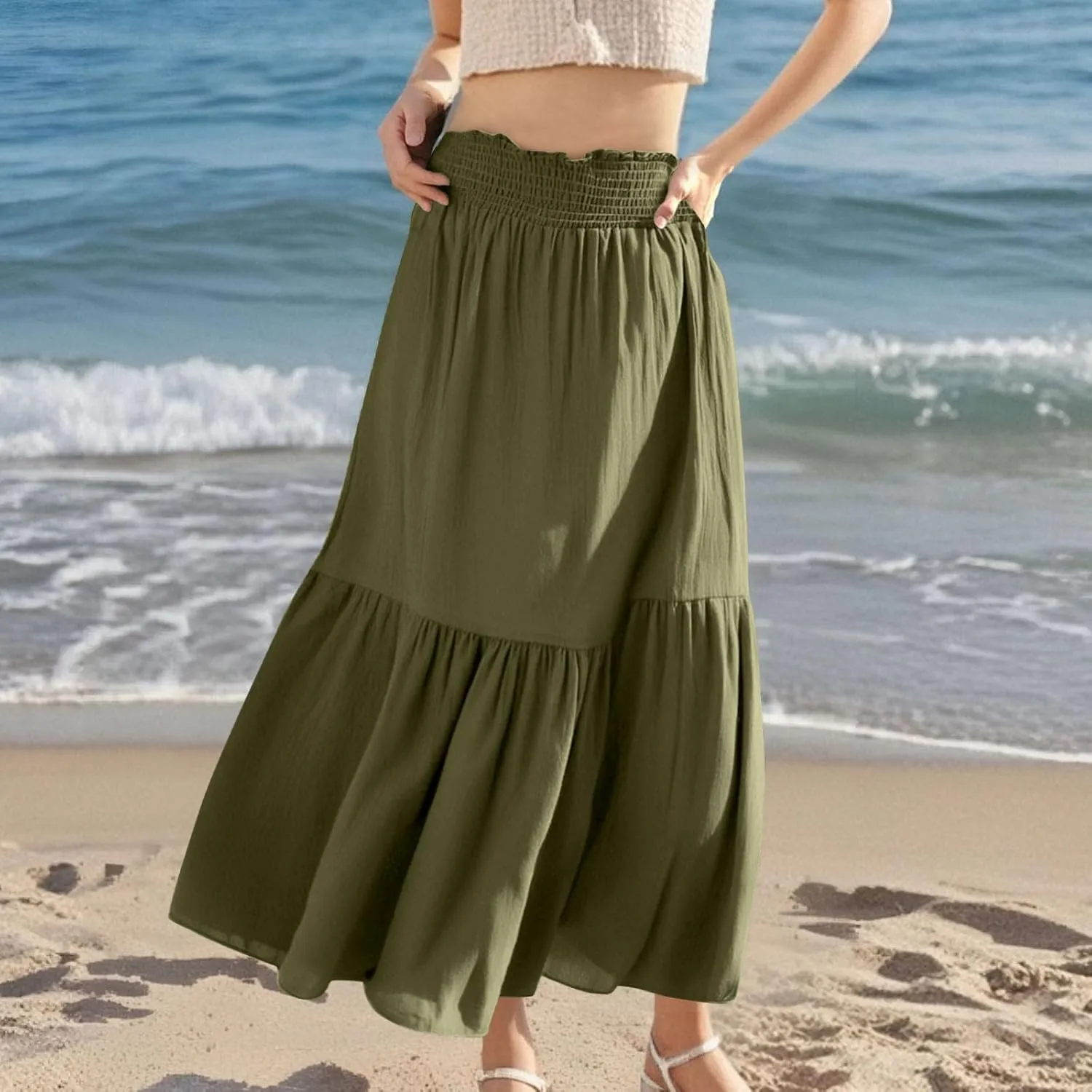 Womens Summer Boho Flowy Swing Tiered A-Line Maxi Skirt 2025 Fashion Trendy Elastic Waist Pleated Long Beach Dress