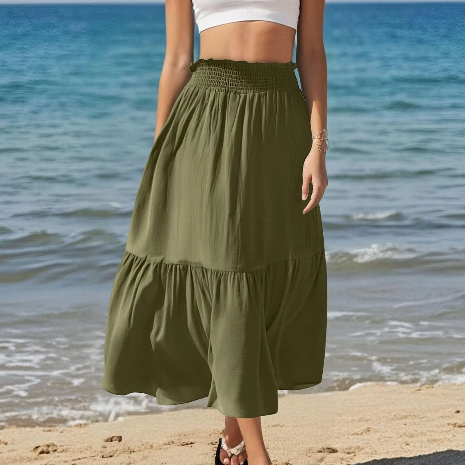 Womens Summer Boho Flowy Swing Tiered A-Line Maxi Skirt 2025 Fashion Trendy Elastic Waist Pleated Long Beach Dress