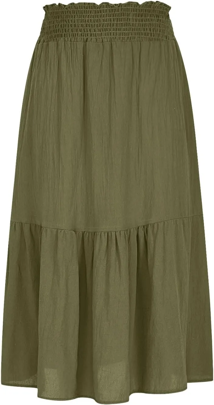 Womens Summer Boho Flowy Swing Tiered A-Line Maxi Skirt 2025 Fashion Trendy Elastic Waist Pleated Long Beach Dress