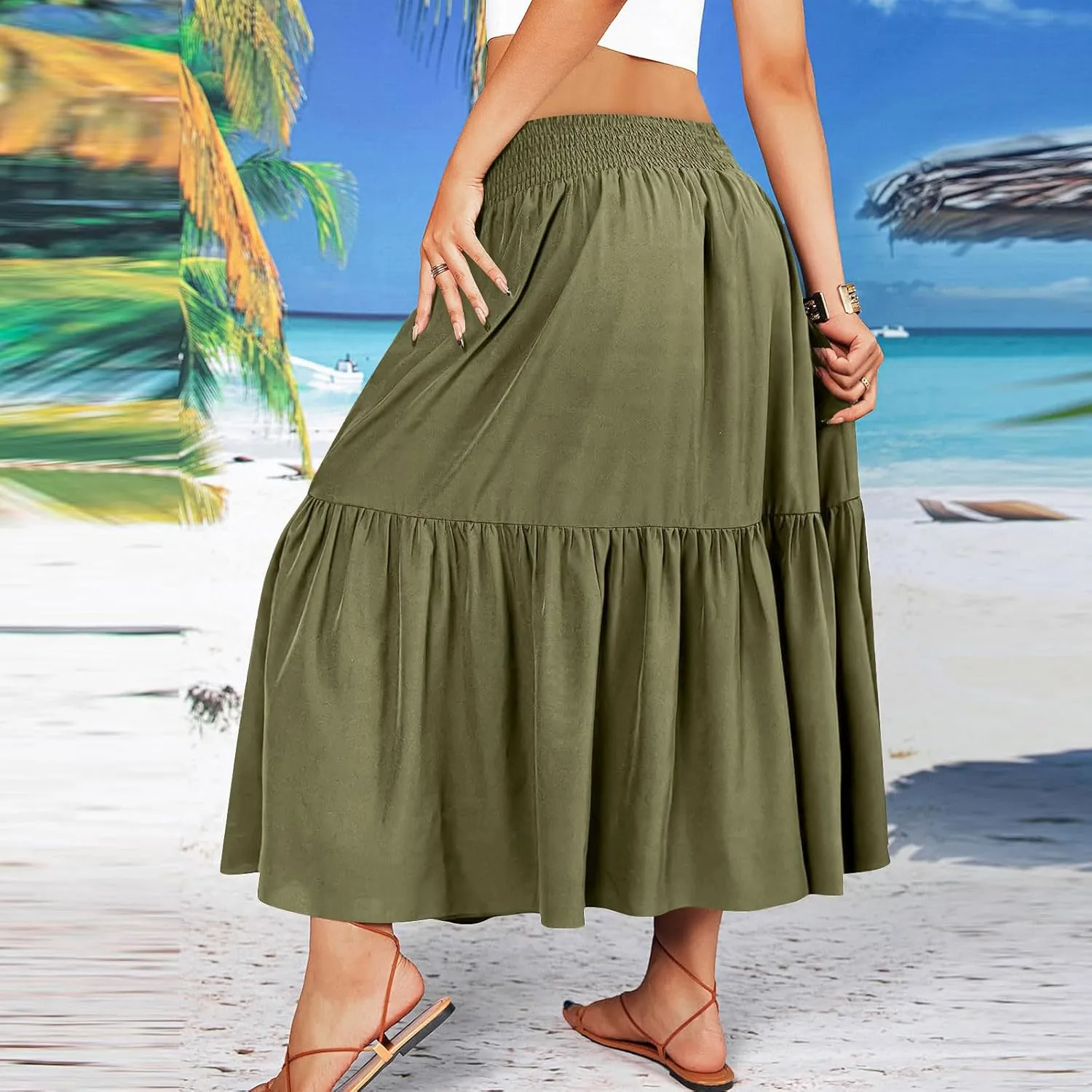 Womens Summer Boho Flowy Swing Tiered A-Line Maxi Skirt 2025 Fashion Trendy Elastic Waist Pleated Long Beach Dress