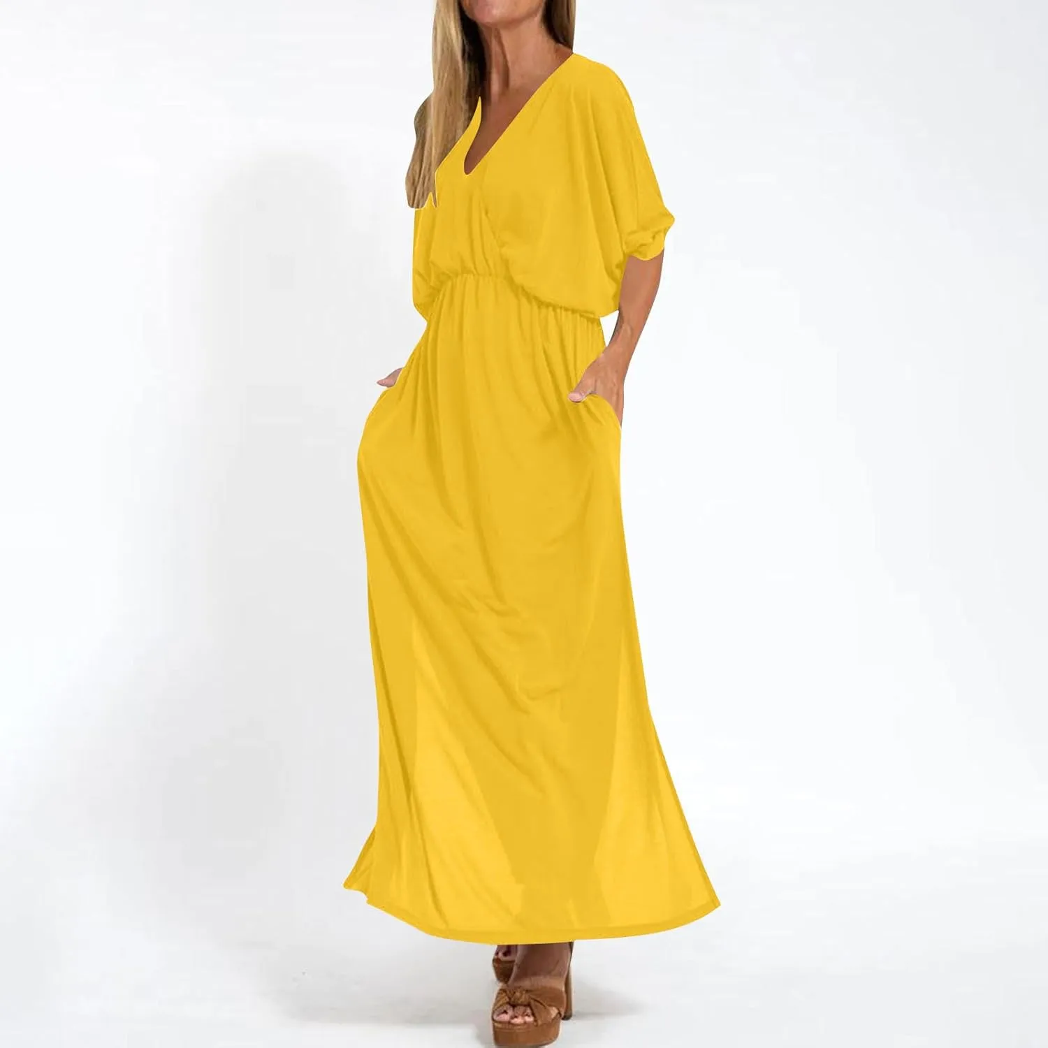 Women's Summer Casual Boho Dress Floral Print Ruffle Puff Short Sleeve Loose Midi Dresses Beach Cover Up S-XXL