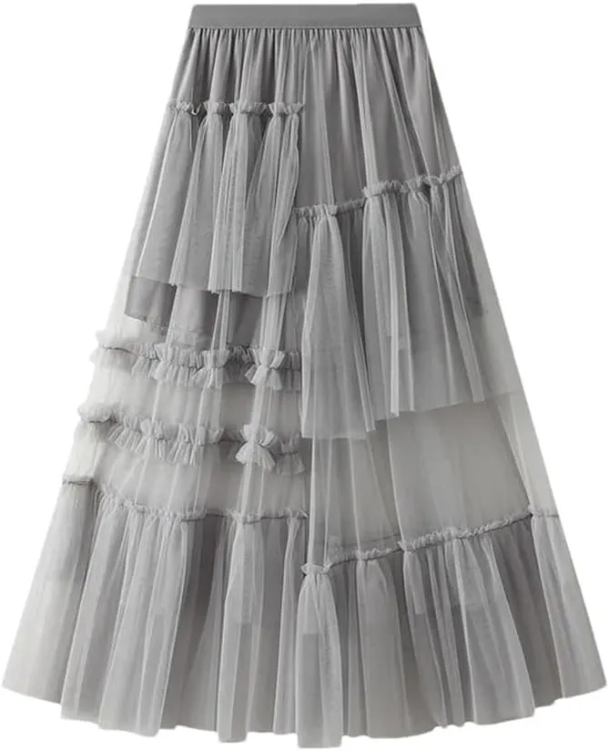 Women's Tulle Midi Skirt Elastic High Waist Vintage Layered A-Line Prom Party Long Skirts