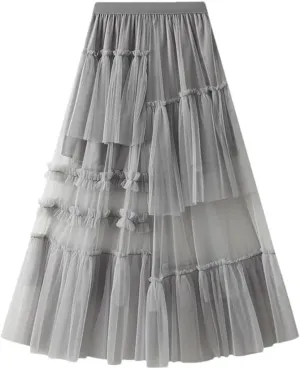 Women's Tulle Midi Skirt Elastic High Waist Vintage Layered A-Line Prom Party Long Skirts