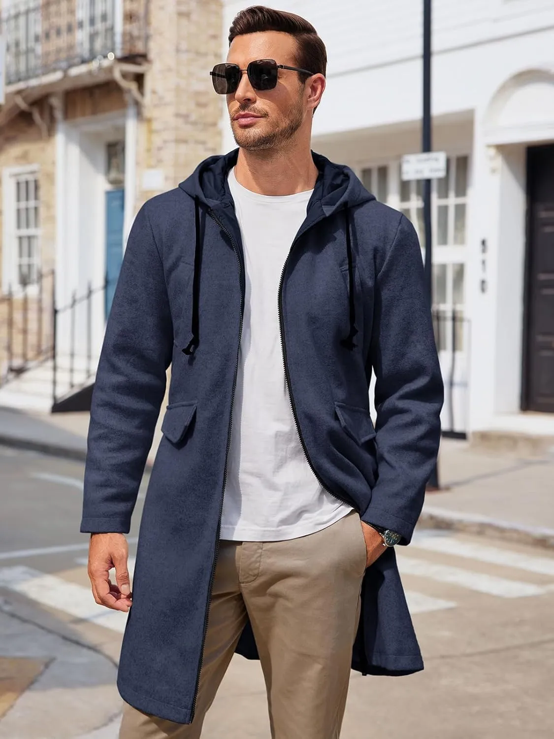 ZIWOCH Mens Trench Coat Wool Blend Hoodie Long Jacket Full Zip Winter Classic Business Overcoat