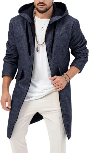 ZIWOCH Mens Trench Coat Wool Blend Hoodie Long Jacket Full Zip Winter Classic Business Overcoat