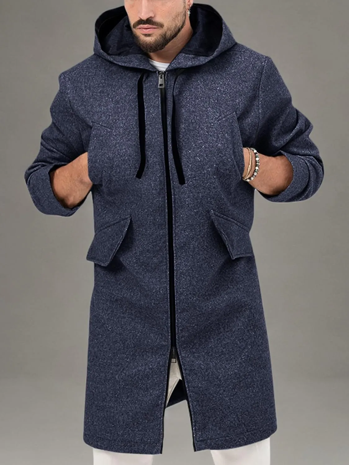 ZIWOCH Mens Trench Coat Wool Blend Hoodie Long Jacket Full Zip Winter Classic Business Overcoat