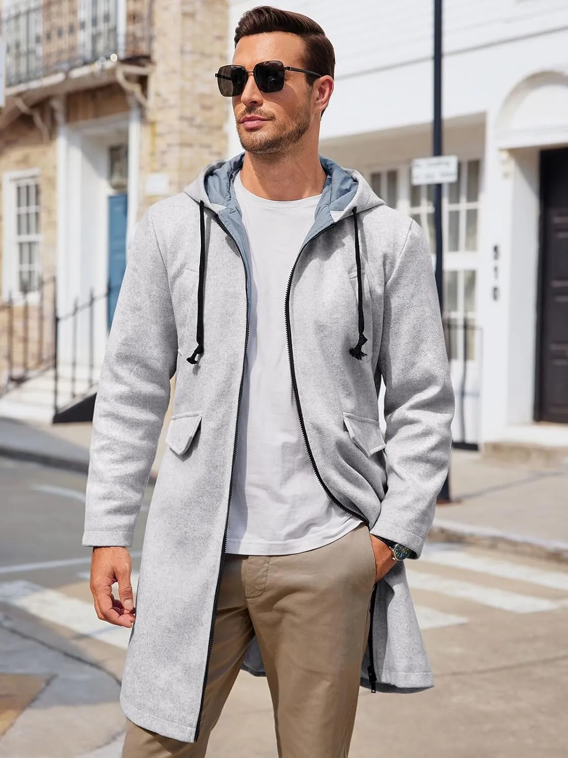 ZIWOCH Mens Trench Coat Wool Blend Hoodie Long Jacket Full Zip Winter Classic Business Overcoat