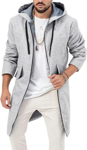 ZIWOCH Mens Trench Coat Wool Blend Hoodie Long Jacket Full Zip Winter Classic Business Overcoat
