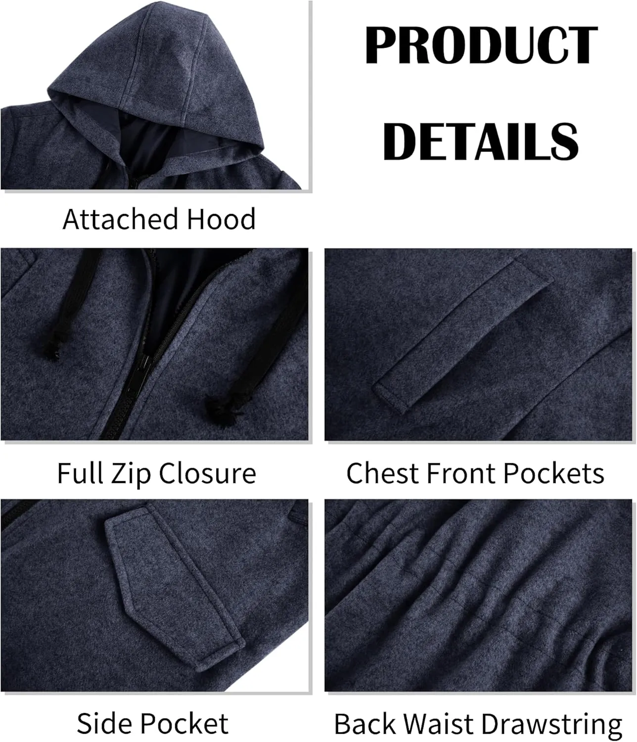 ZIWOCH Mens Trench Coat Wool Blend Hoodie Long Jacket Full Zip Winter Classic Business Overcoat