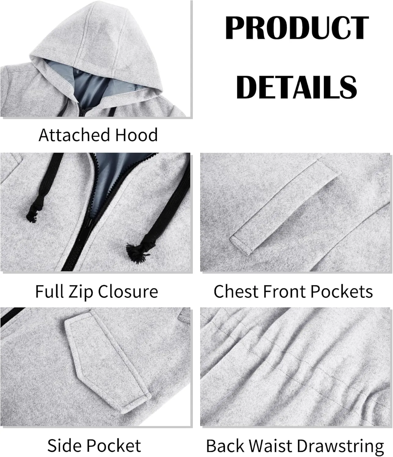 ZIWOCH Mens Trench Coat Wool Blend Hoodie Long Jacket Full Zip Winter Classic Business Overcoat