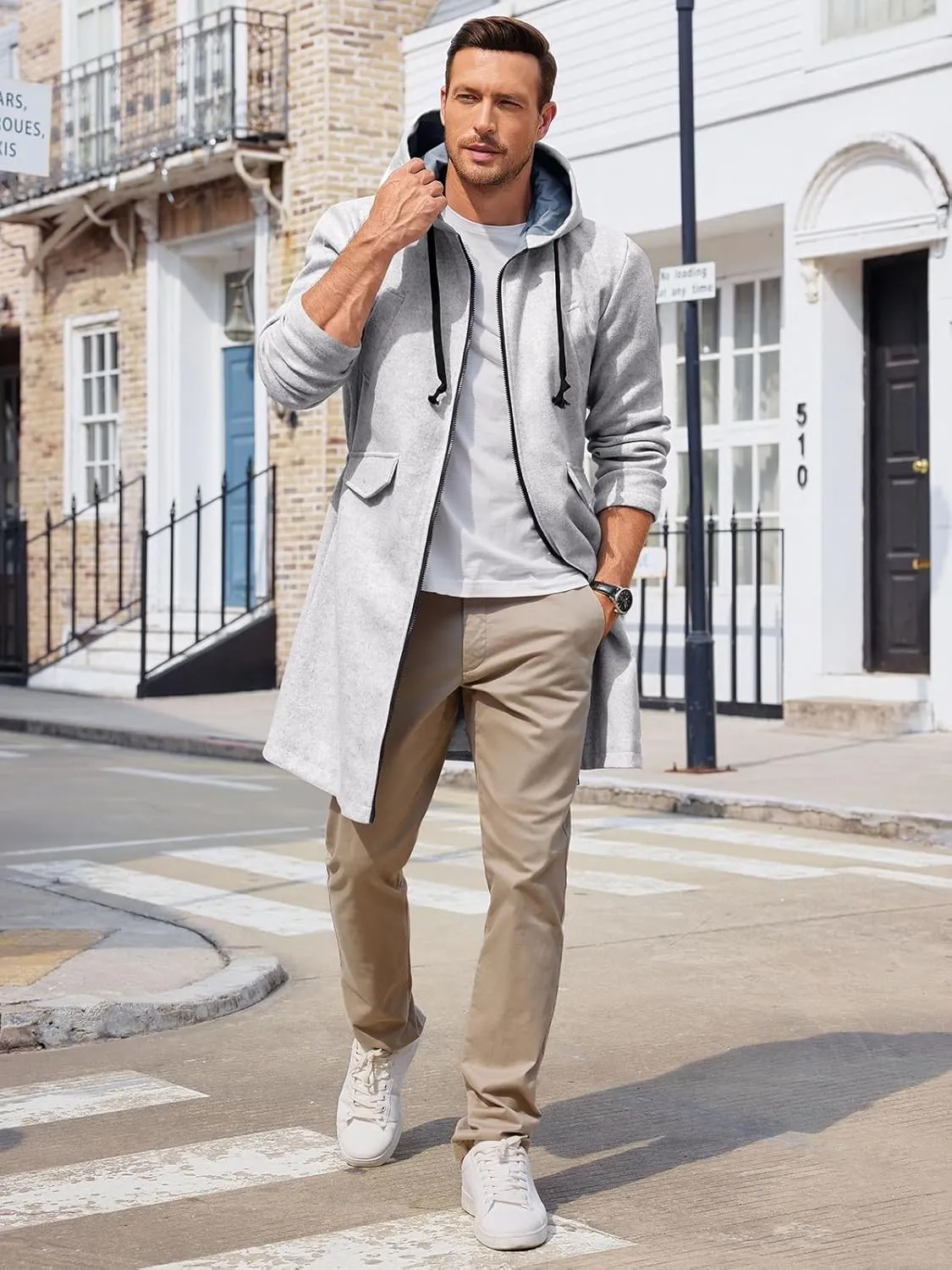 ZIWOCH Mens Trench Coat Wool Blend Hoodie Long Jacket Full Zip Winter Classic Business Overcoat