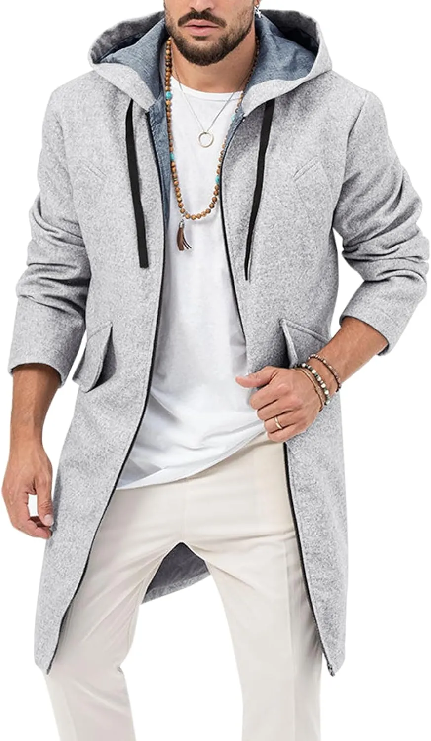 ZIWOCH Mens Trench Coat Wool Blend Hoodie Long Jacket Full Zip Winter Classic Business Overcoat