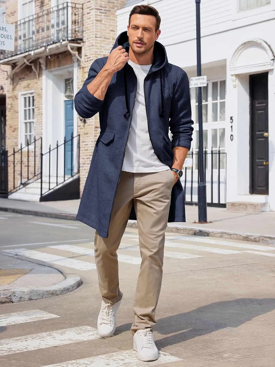ZIWOCH Mens Trench Coat Wool Blend Hoodie Long Jacket Full Zip Winter Classic Business Overcoat